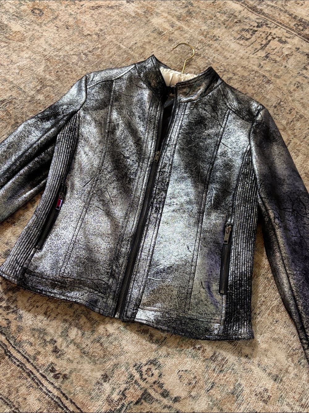 Women's Metallic Silver Leather Zip Jacket